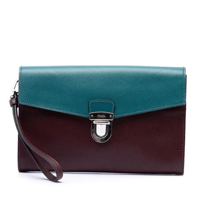 Red Prada Bicolor Saffiano Envelope Push Lock Clutch in Red Saffiano leather from Designer Revival
