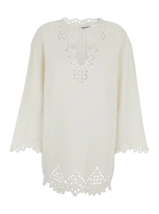MARANT ETOILE Dress 'Sherazade' Crew Neck with Cut-Out Details and Scalloped Hem in White Cotton for Women in White 100% Cotton, photo 2 of 6 from Gaudenzi Boutique