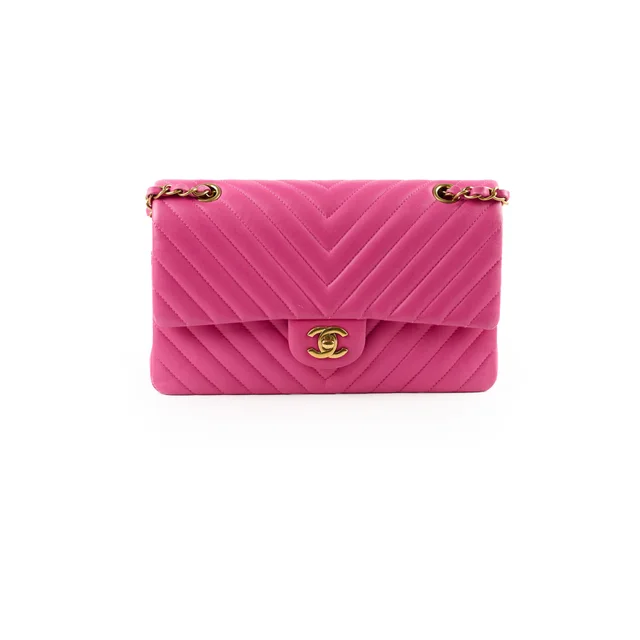 Chanel M/L Classic Flap Chevron Lambskin Fuchsia in Pink Lambskin from The Purse Affair