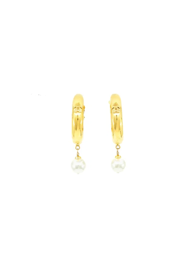 1993 Chanel Pearl Drop Hoop Earrings from Arcade Vintage