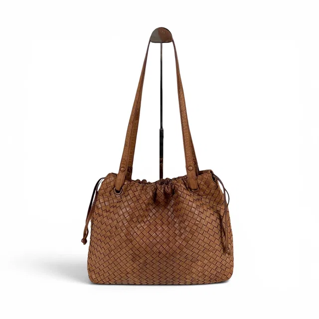 Bottega Veneta Intrecciato Leather Drawstring Shoulder Bag Mini Tote Brown in Brown Woven leather from The Reluxe