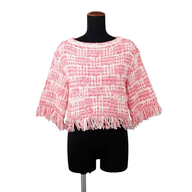 Chanel Collarless Jacket Size 34 Pink/WhiteP77005 K11117 NW377 Cotton 47% Polyester 24% Polyamide 20%… in Pink from GALLERY RARE