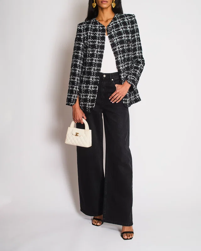 Chanel FW22 Black and White Checkered Tweed Jacket With White Sequins Details Size FR 34 (UK 6) in Black Tweed from Sellier