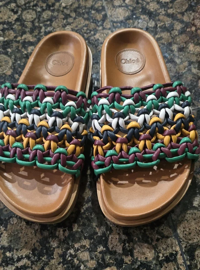 Chloé Chlo Tan Leather Slide With Multicolor Braided Straps in green|brown|neutral Leather from Poshmark