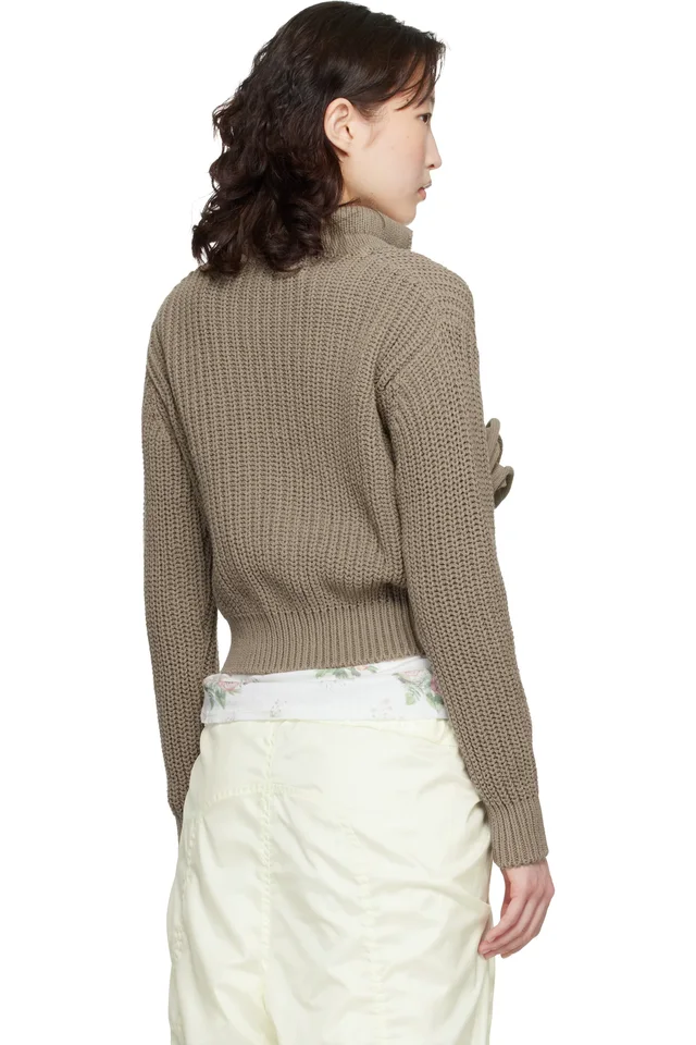 OPEN YY Taupe Applique Knit Zipup Sweater, photo 3 of 4 from SSENSE
