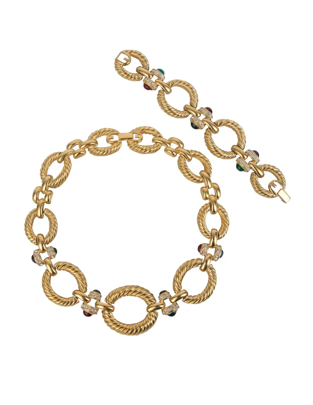 Givenchy Vintage Golden Twisted Link Multicolor Gem Necklace and Bracelet Set in Multicolor from Amarcord Vintage Fashion