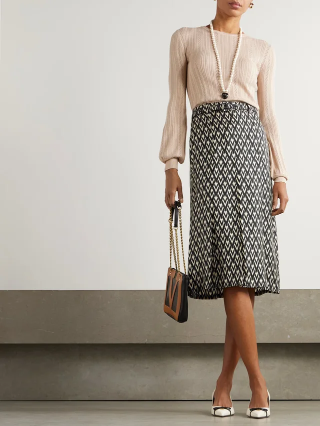 VALENTINO GARAVANI Belted pleated printed silk-twill midi skirt in Black, photo 2 of 2 from NET-A-PORTER (Canada)