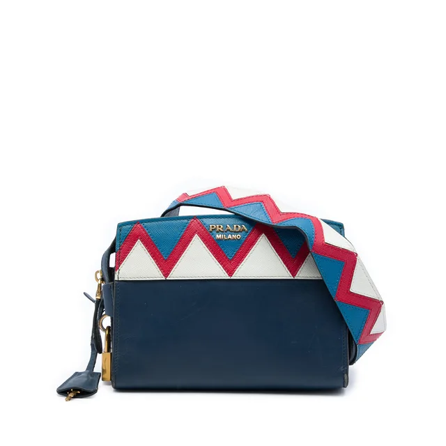 Blue Prada Medium Saffiano Trimmed City Calf Greca Esplanade Crossbody Satchel in Blue Saffiano leather from Designer Revival
