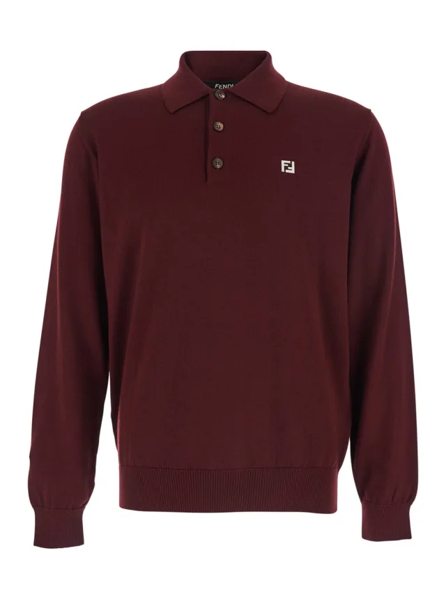 Bordeaux Long Sleeve Polo with Classic Collar and FF Plate on the Front in Wool for Men, image 1 of 1 from Gaudenzi Boutique
