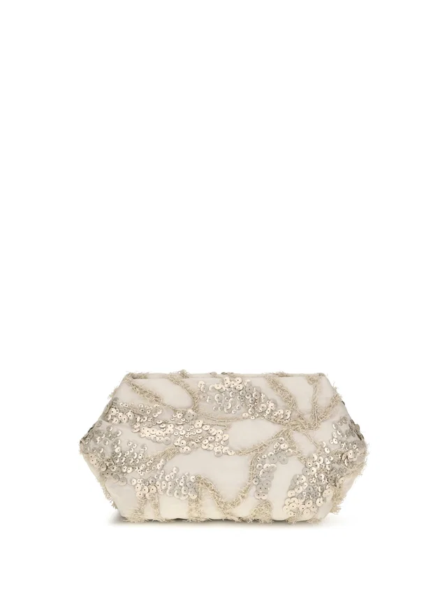 Brunello Cucinelli Sequin-Embroidered Silk Organza Clutch — Beige in Beige Silk from HEWI
