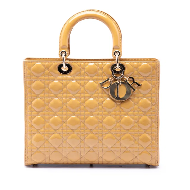 Yellow Dior Large Patent Cannage Lady Dior Satchel in Yellow Patent leather from Designer Revival