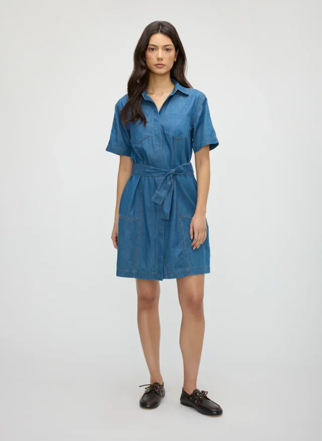 Kit and Ace IndiFlow Denim Shortsleeve Shirt Dress in Mid Blue Denim IndiFlow Denim, photo 3 of 6 from Kit and Ace