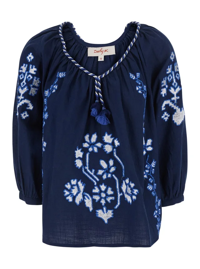 DERHY 'Enora' Blue Blouse with Balloon Sleeves and All-Over Floral Embroidery in Cotton for Women in Blue 100% Cotton, photo 2 of 6 from Gaudenzi Boutique