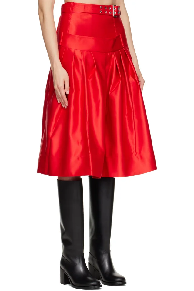 GANNI Red Duchesse Satin Midi Skirt, photo 2 of 4 from SSENSE