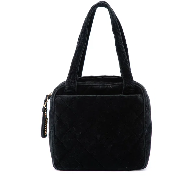 Black Chanel CC Quilted Velvet Handbag in Black Velvet from Designer Revival