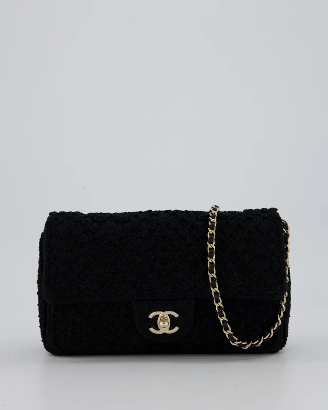 Chanel Black Crochet Small Classic Single Flap Bag in Black Lambskin from Sellier