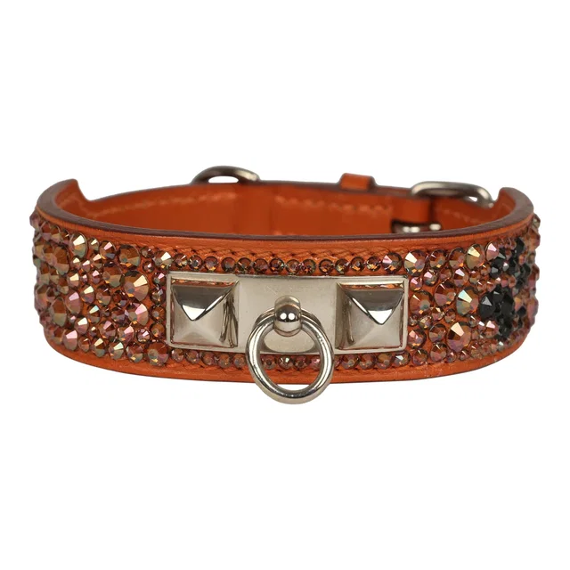Custom Multicolored Swarovski Crystal Pre-owned Hermes Etriviere Collier de Chien Dog Collar… in Orange Leather from Madison Avenue Couture