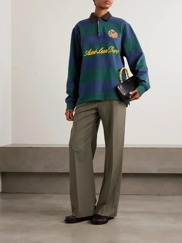 AIMÉ LEON DORE Script embroidered printed striped corduroy-trimmed cotton rugby shirt in Green, photo 2 of 2 from NET-A-PORTER (Canada)