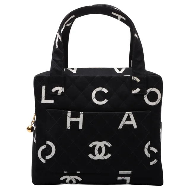 Chanel Circa 1997 Cotton CC Logo Print Handbag Black in Black from VINTAGE QOO TOKYO