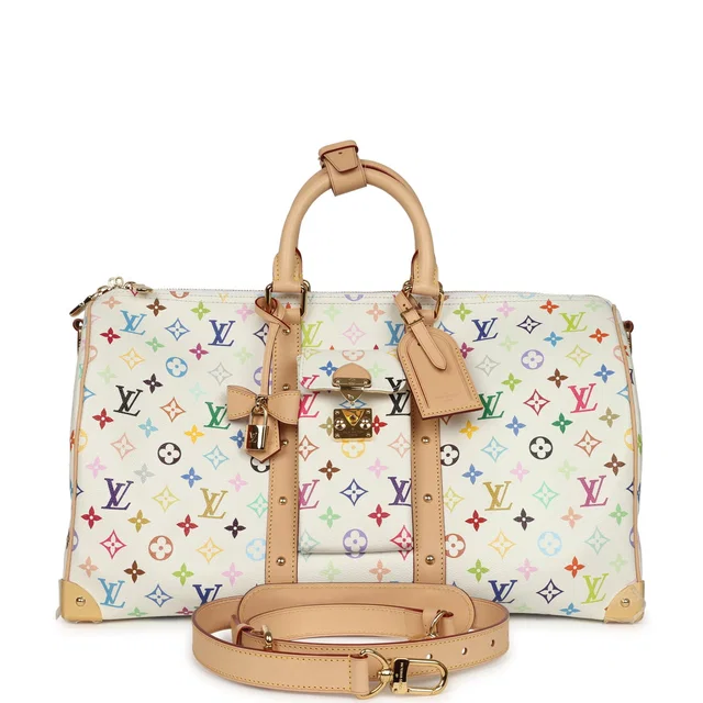 Louis Vuitton X Takashi Murakami Keepall Bandouliere 45 White Monogram Multicolored Gold Hardware in White Coated canvas from Madison Avenue Couture