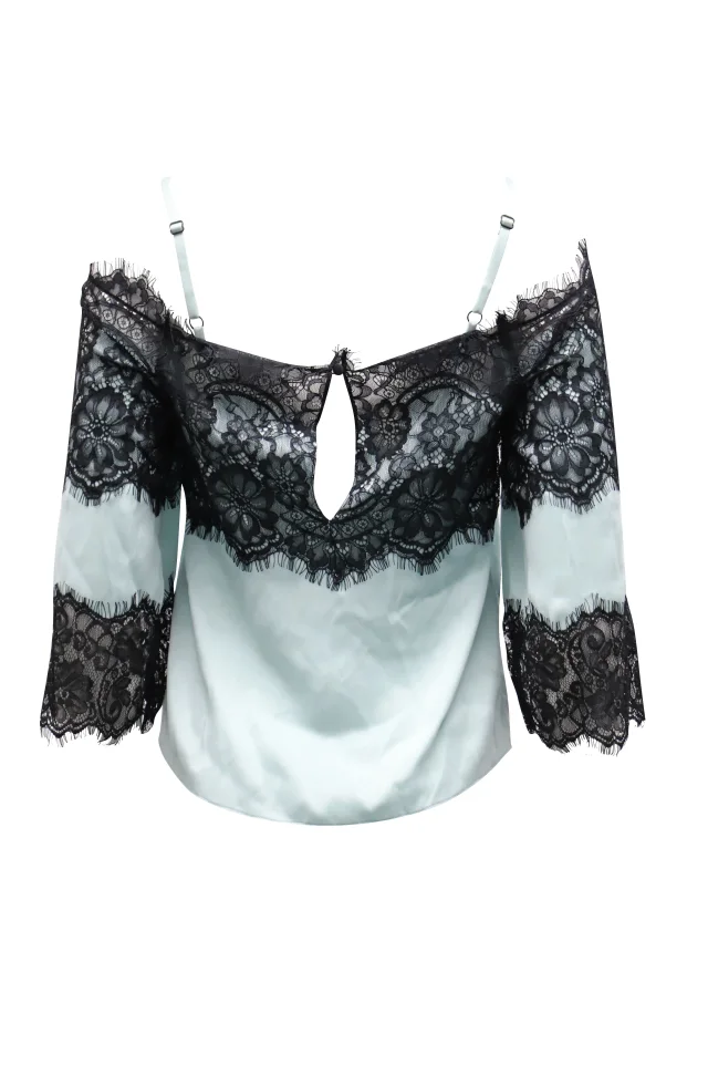 Alice & Olivia Cold Shoulder Lace Top in Mint Green Silk in Green, photo 3 of 4 from ShopSimon