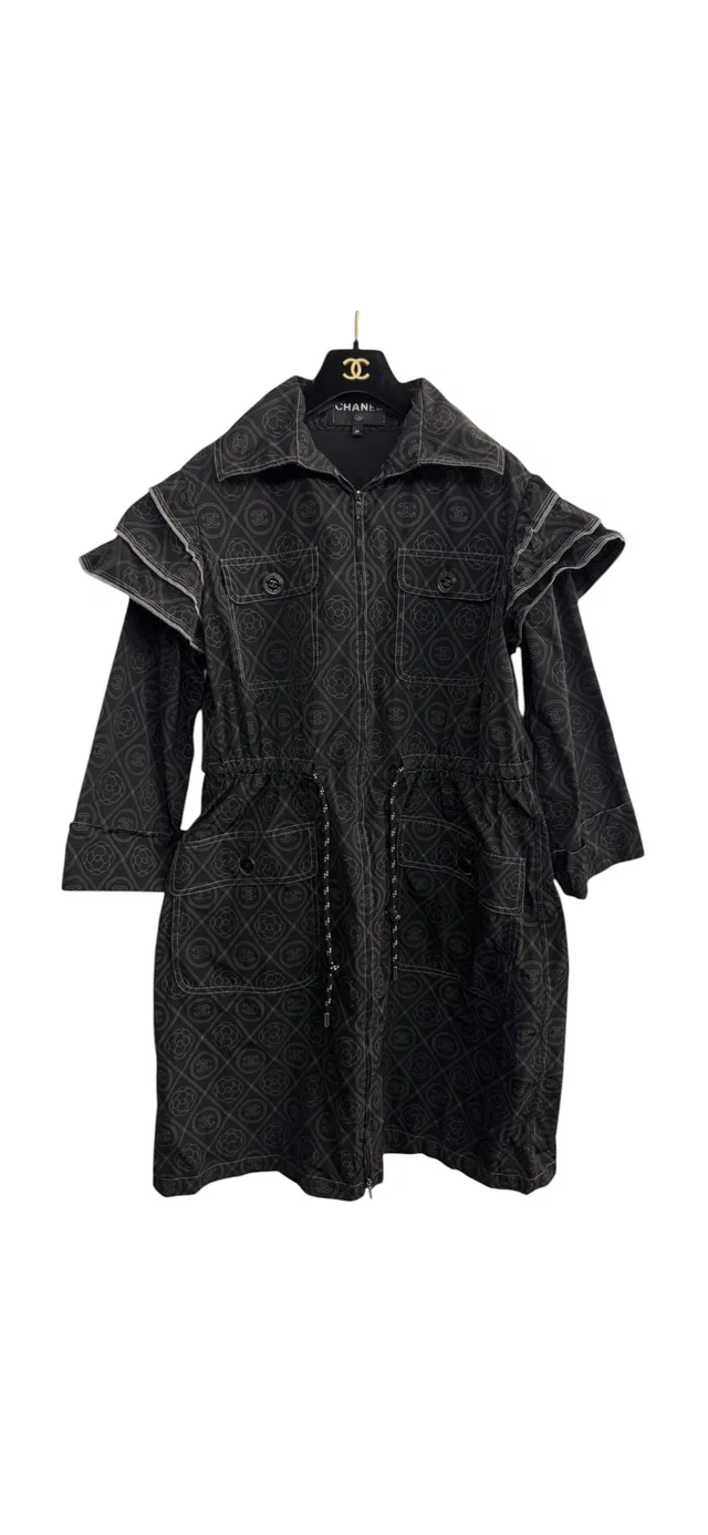 Chanel Black Polyester Frills Coat Sz34 in Black Denim from Luxury Promise