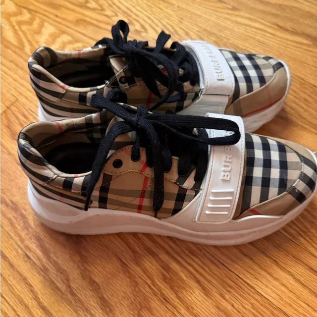 Burberry Beige Check Lace-Up Sneakers in neutral|black|brown from Poshmark