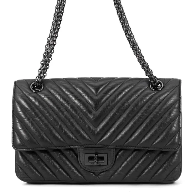 Chanel 2.55 Chevron Chain Shoulder Bag BlackA37586 Aged Calf Leather Size 25 in Calfskin from GALLERY RARE