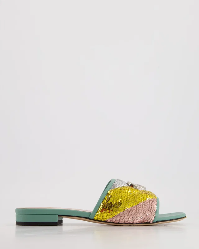Gucci Multi-Colour Sequin and Turquoise Leather GG Marmont Flats Sandals with GG Logo Detail Size EU… in Blue Leather from Sellier