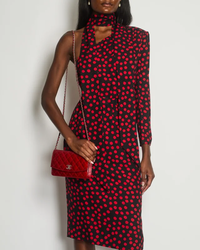 Saint Laurent Black, Red Polkadot Silk Off-Shoulder Midi Dress With Scarf Size FR 40 (UK 12) in Black Silk from Sellier, photo 3 of 5