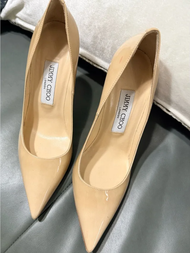 Jimmy Choo Beige Patent Leather Pointed-Toe Pumps 371/2 in brown|neutral Patent leather from Poshmark