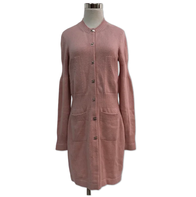 Chanel Pink Ribbed-Waist CC Button Long Knit Cardigan Dress size 38 in Pink from Luxury Promise