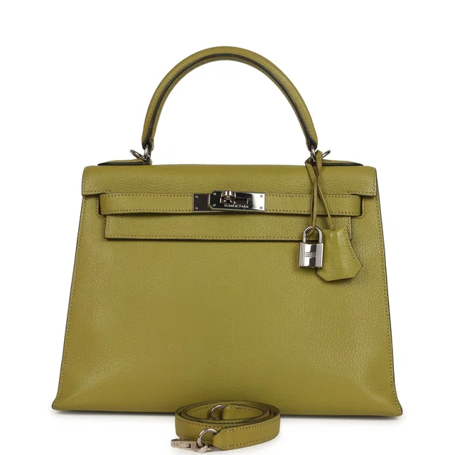 Hermès Vintage Kelly Sellier 28 Vert Chartreuse Chevre Mysore Palladium Hardware in Green Goatskin from Madison Avenue Couture