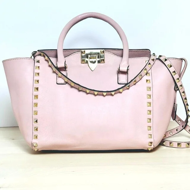 Valentino Garavani Rockstud Double Top Handle Small Tote Rose in gold|pink Leather from Poshmark, photo 1 of 1