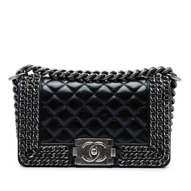 Black Chanel Small Quilted Glazed Calfskin Chained Boy Flap Crossbody Bag in Black Calfskin from Designer Revival