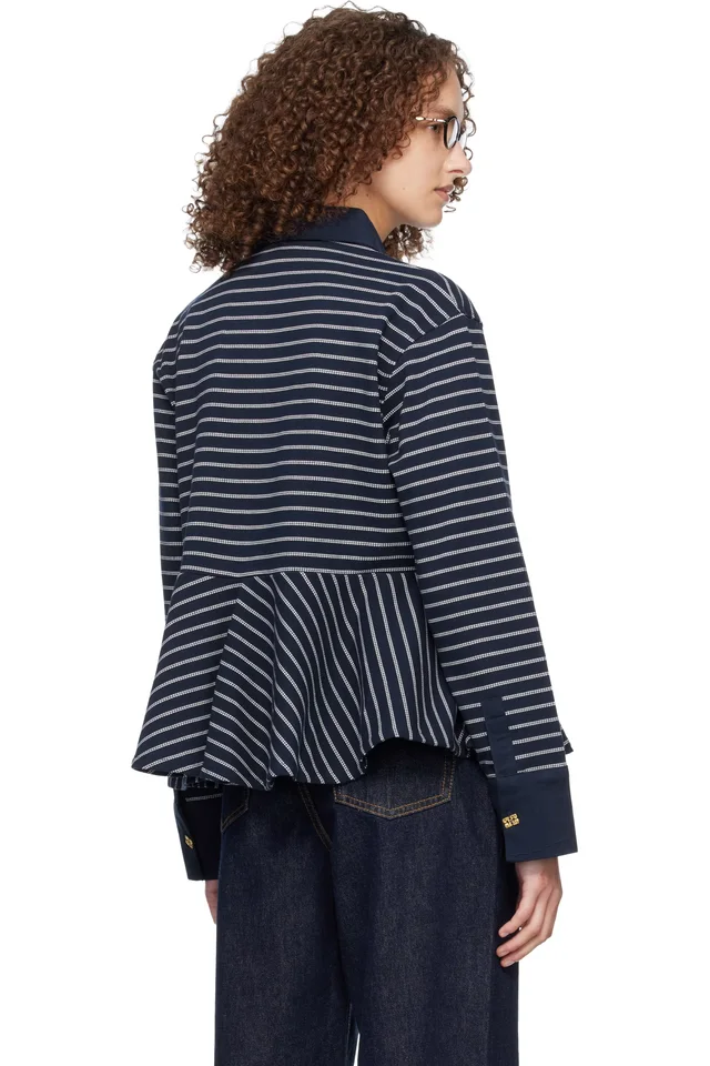 GANNI Navy Single Piqué Peplum Polo, photo 3 of 4 from SSENSE