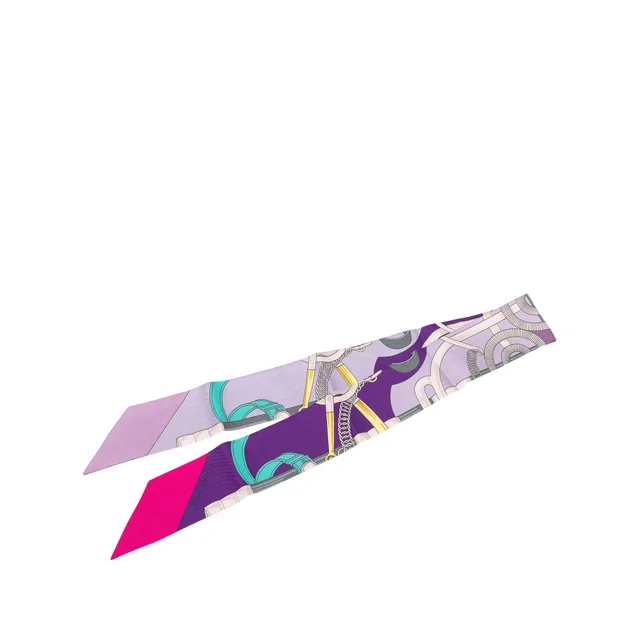 Purple Hermès Eperon D Or Silk Twilly Scarf Scarves in Purple Silk from Designer Revival