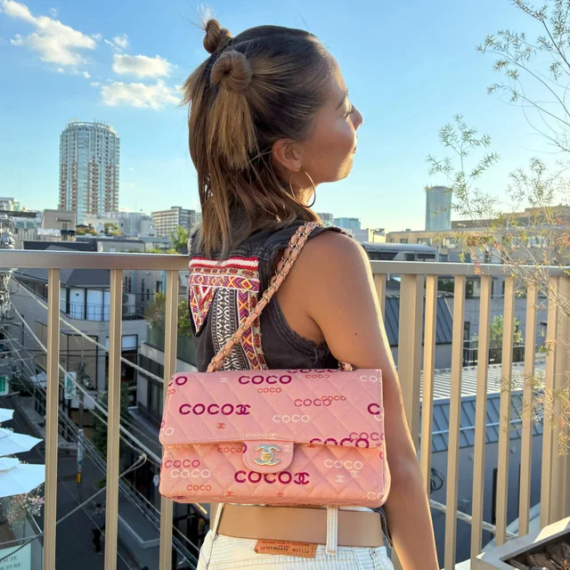 Chanel 2001-2003 Pink Canvas COCO Medium Classic Double Flap Shoulder Bag in Pink Canvas from AMORE Vintage Tokyo