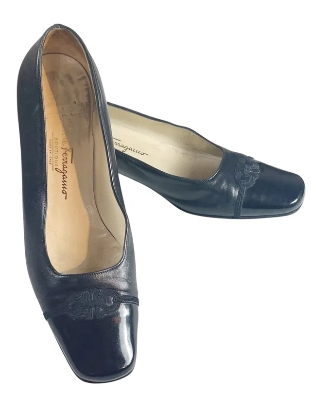 Ferragamo Boutique Vintage Gancini Black Leather Square Cap Toe Flats in black Leather from Poshmark