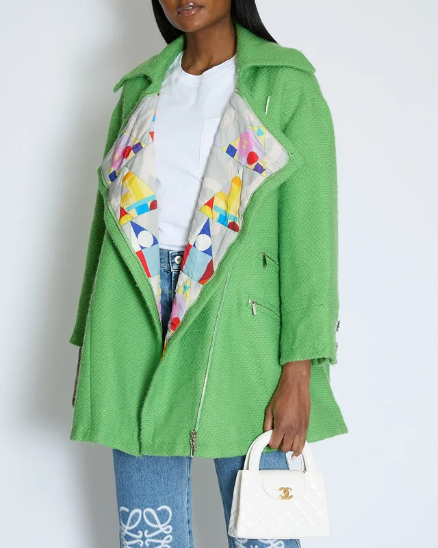 Chanel AW/14 Green Wool Tweed Coat with Pocket Details and Silver Embellished Logo Buttons Size FR 36… in Green Tweed from Sellier, photo 2 of 2