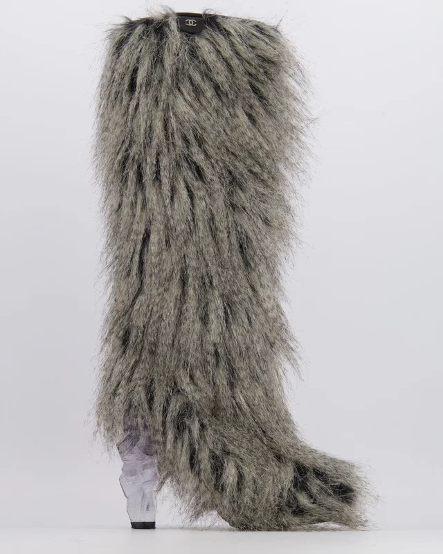 Chanel Fall 2010 Runway Grey Faux Fur Yeti Heeled Boots with Clear Icicle Heel Detail Size EU 38 in Grey from Sellier