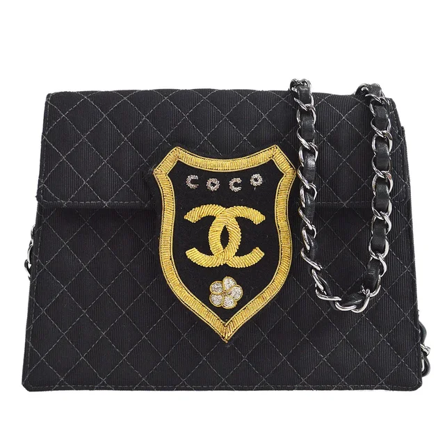 Chanel 2005 Emblem Shoulder Bag Mini Black Canvas in Black Canvas from AMORE Vintage Tokyo