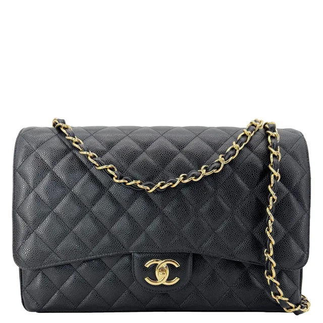 Chanel Maxi Classic Double Flap Caviar Leather Shoulder Bag Black in Black Caviar leather from Dallas Designer Handbags