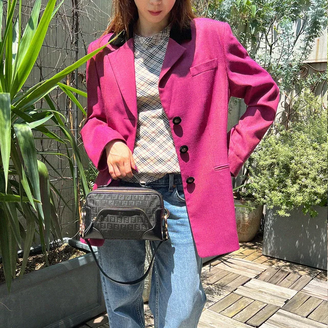 Dior Logo Button Two-Tone Jacket Purple/Black in Black Wool from VINTAGE QOO TOKYO