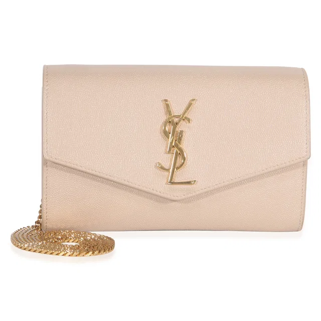 Saint Laurent Dark Beige Grain De Poudre Uptown Chain Wallet in Beige Leather from myGemma