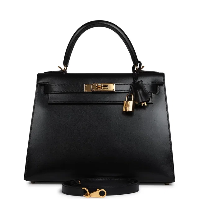 Hermès Kelly Sellier 28 Black Box Gold Hardware in Black Calfskin from Madison Avenue Couture