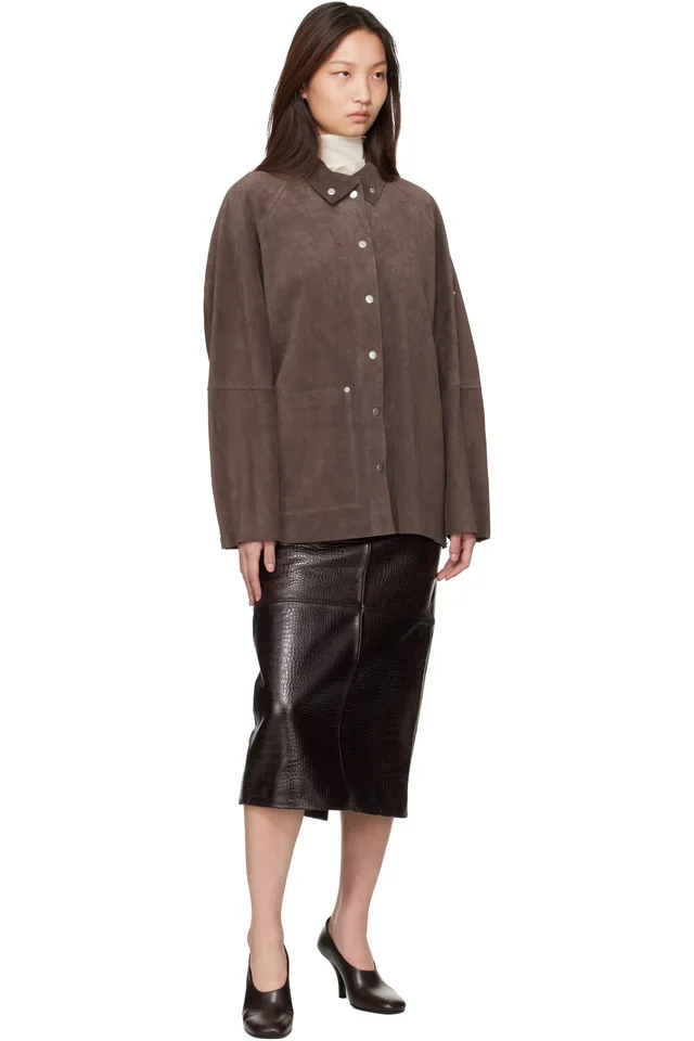 The Frankie Shop Brown Taney Pencil Croc Leather Midi Skirt, photo 4 of 4 from SSENSE