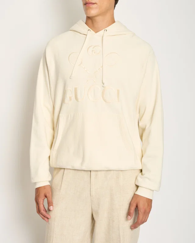 Gucci Cream Tennis Racket Embroidered Hoodie with Logo Detail Size IT 40 (UK 8) in White from Sellier