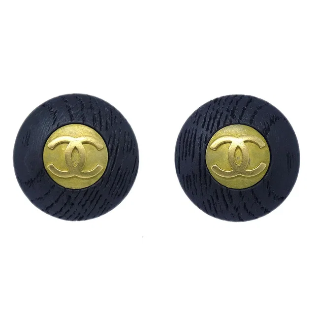 Chanel 1994 Black Wooden Gold CC Earrings in Black from AMORE Vintage Tokyo