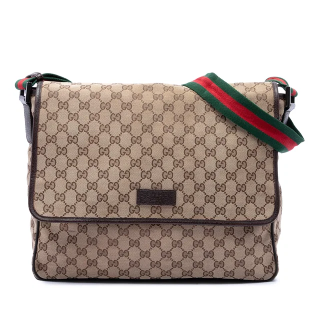 Beige Gucci GG Canvas Web Flap Messenger Bag in Beige Canvas from Designer Revival